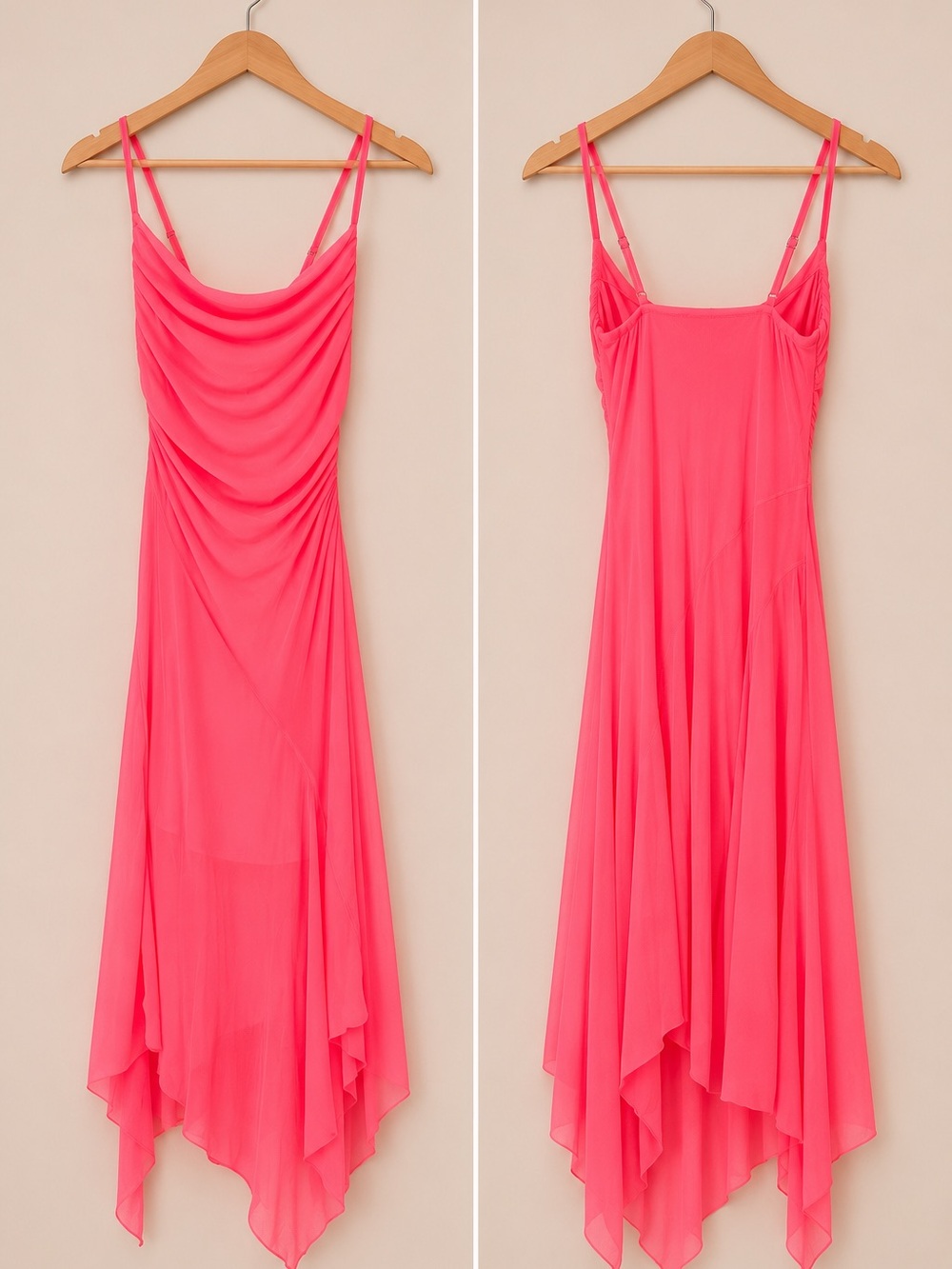 Haute Monde Neon Pink Draped Mesh Asymmetrical Maxi Dress Size S